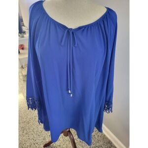 Catherines 4X‎ Blue Blouse Top 30/32W Long Sleeve Lace Cuff Tie Neck